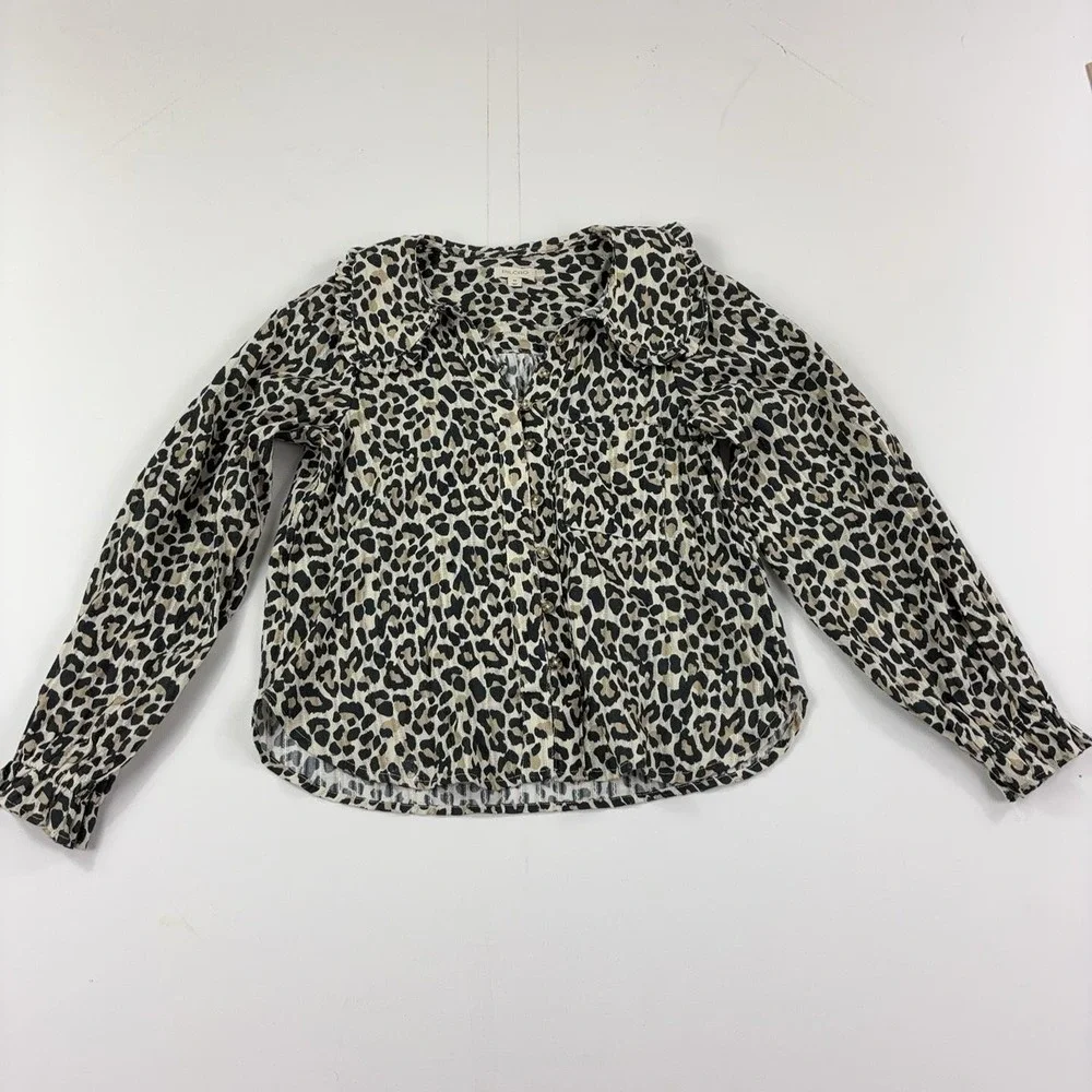 Pilcro Anthropologie Blouse Womens XS Beige Leopard Long Sleeve Ruffle Top
